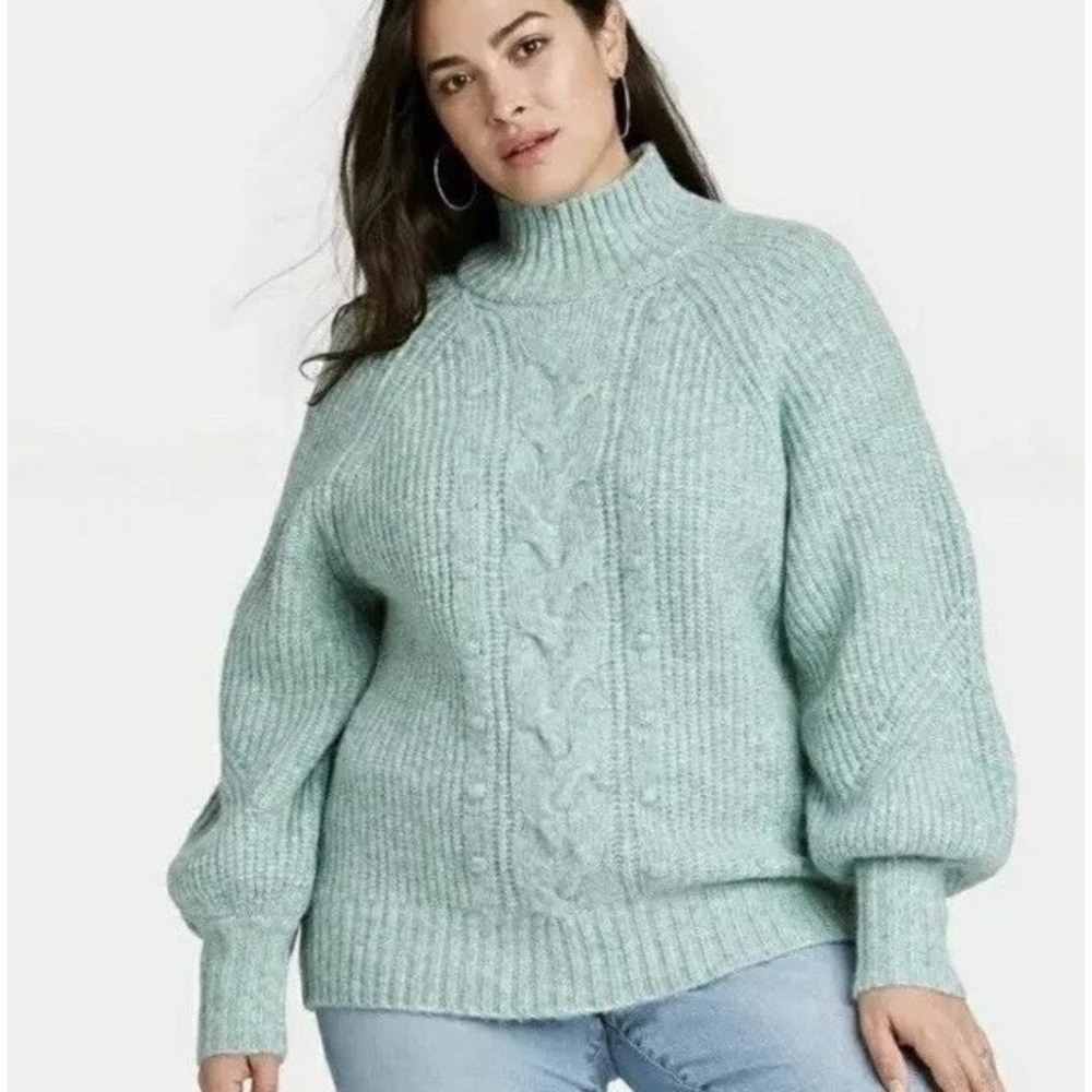 AVA & VIV Cable Knit Fisherman Balloon Sleeve Sweater Women's X Heather Blue - Picture 1 of 10